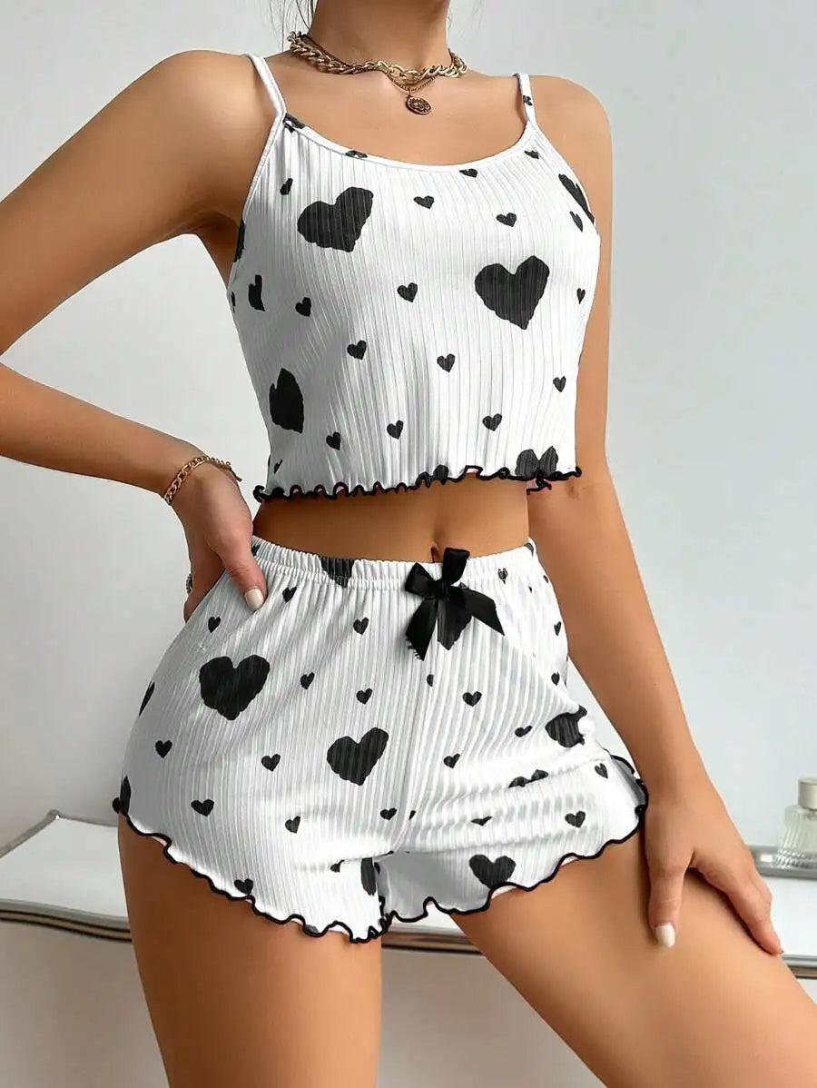 Damen Nachtwäsche Set – Luftiges Cami Top und Hose mit süßem Herzmuster