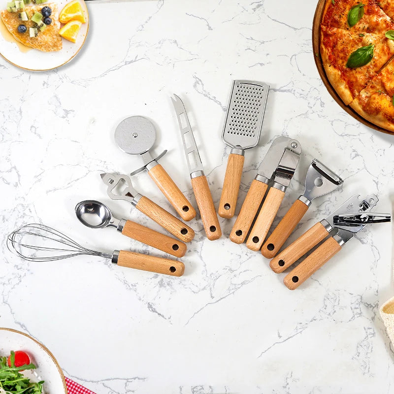 Küchenhelfer-Set – 9-teiliges Set mit Holzgriff für stilvolles Kochen & Backen