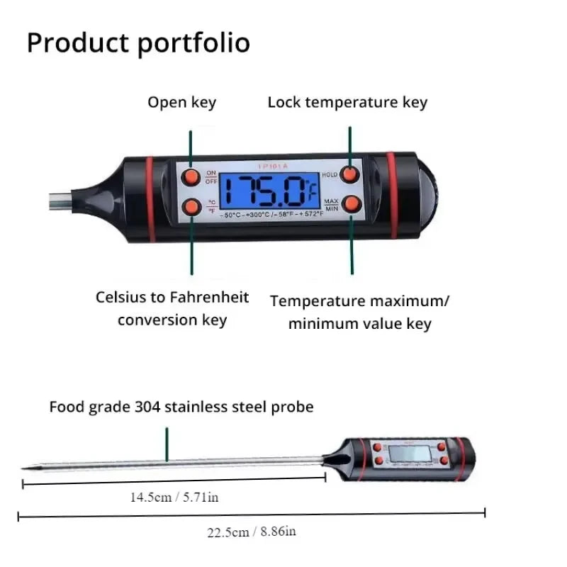 Digitales Küchenthermometer mit Edelstahlsonde – Präzise Sofortanzeige für Fleisch, Ofen, Tee & gesundes Kochen