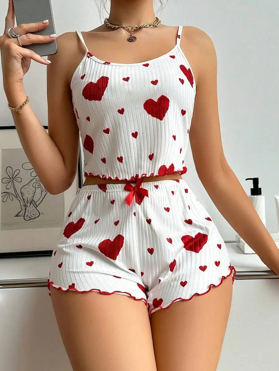 Damen Nachtwäsche Set – Luftiges Cami Top und Hose mit süßem Herzmuster