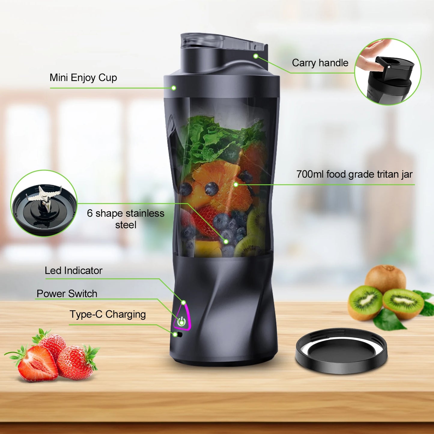 KIRAINAFLY HD-10 Personal Blender – Kabelloser 360W-Mixer für Smoothies, Shakes & unterwegsutdoor Mixing Cup