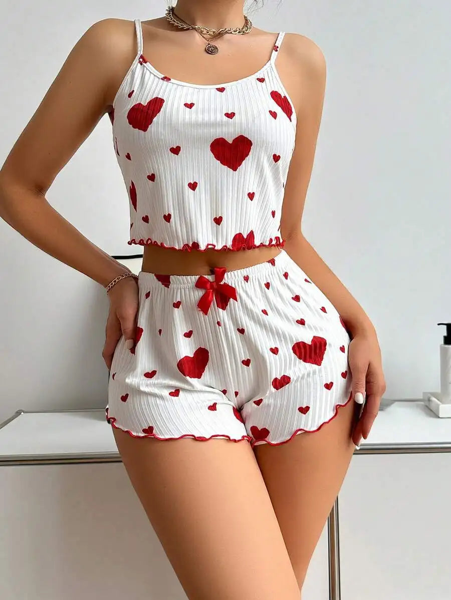 Damen Nachtwäsche Set – Luftiges Cami Top und Hose mit süßem Herzmuster