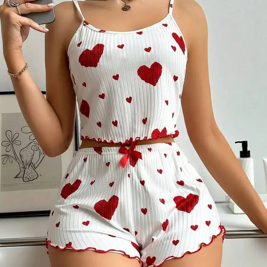 Damen Nachtwäsche Set – Luftiges Cami Top und Hose mit süßem Herzmuster