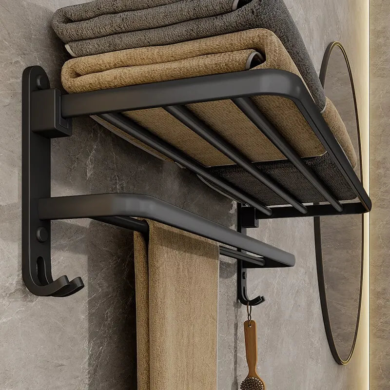 Faltbarer Handtuchhalter – Wandmontage | Mattschwarz | 50 cm | Doppelstange + Haken