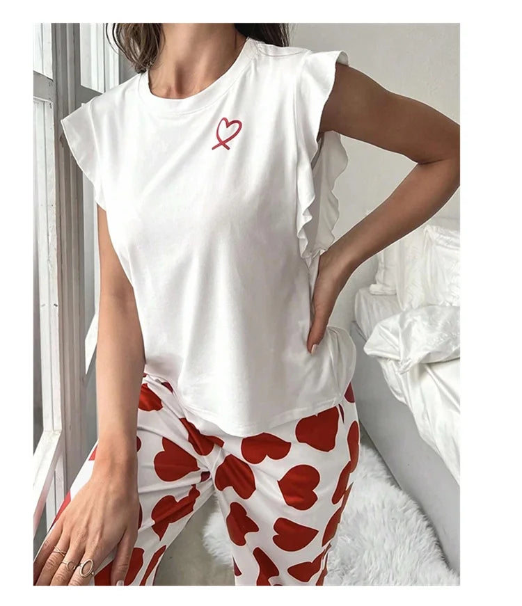 Zweiteiliges Pyjama-Set mit Herz-Print – Bequem & süß für Herbstnächte
