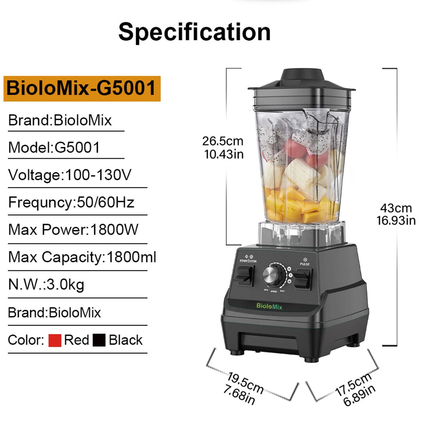 BioloMix Mini Pro 1800W Hochleistungs-Standmixer – Doppelbehälter für Smoothies, Säfte & mehr