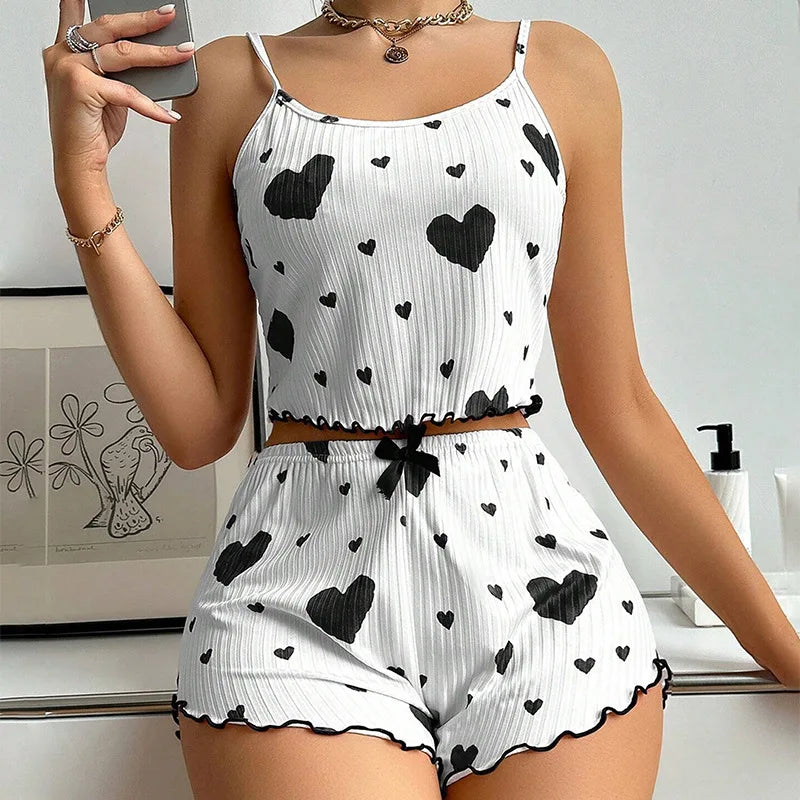 Damen Nachtwäsche Set – Luftiges Cami Top und Hose mit süßem Herzmuster