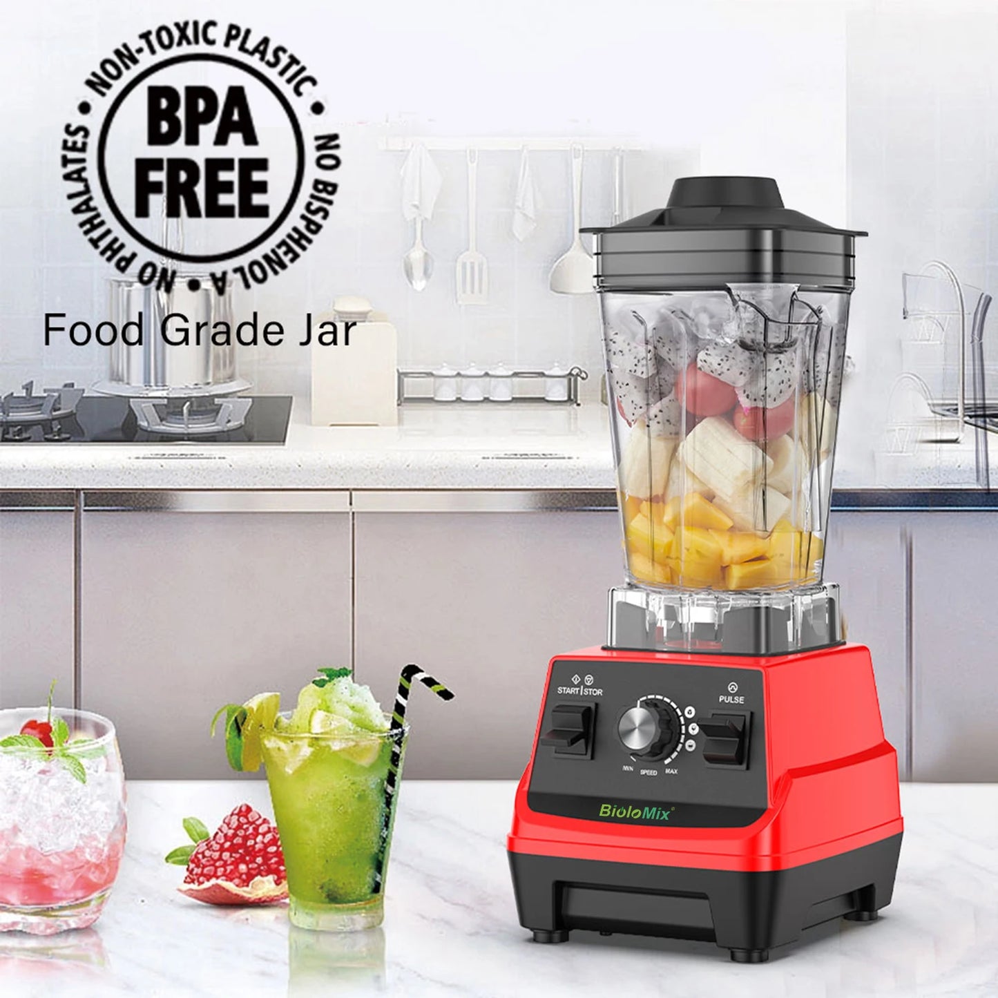 BioloMix Mini Pro 1800W Hochleistungs-Standmixer – Doppelbehälter für Smoothies, Säfte & mehr