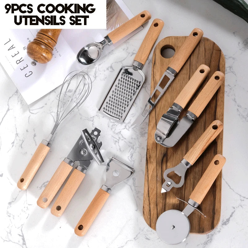 Küchenhelfer-Set – 9-teiliges Set mit Holzgriff für stilvolles Kochen & Backen