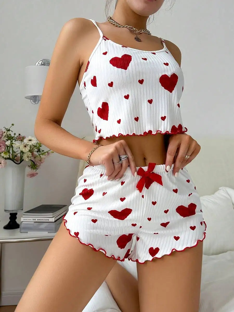 Damen Nachtwäsche Set – Luftiges Cami Top und Hose mit süßem Herzmuster