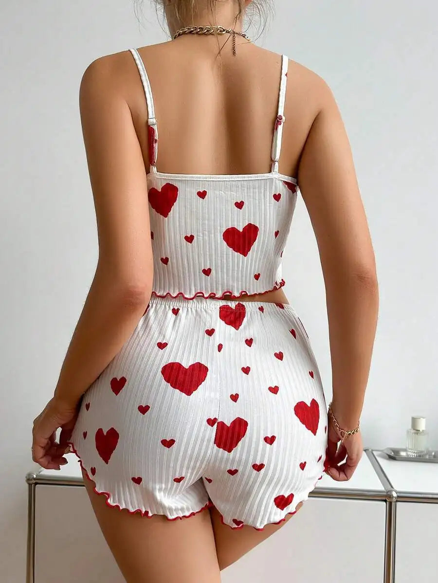 Damen Nachtwäsche Set – Luftiges Cami Top und Hose mit süßem Herzmuster