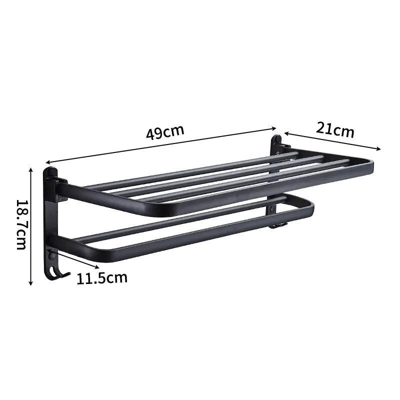 Faltbarer Handtuchhalter – Wandmontage | Mattschwarz | 50 cm | Doppelstange + Haken