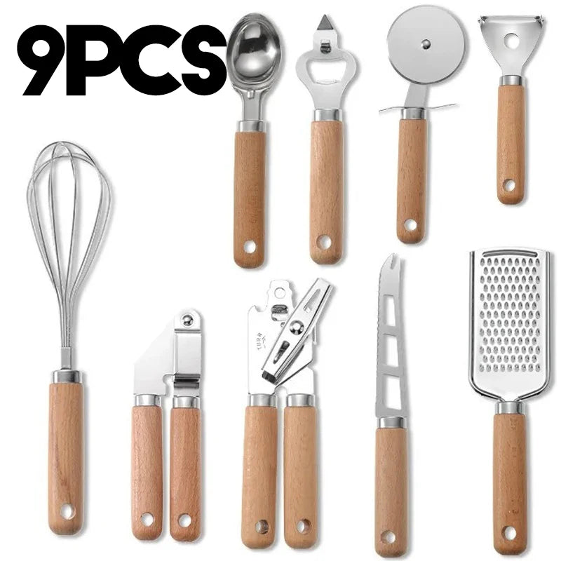 Küchenhelfer-Set – 9-teiliges Set mit Holzgriff für stilvolles Kochen & Backen
