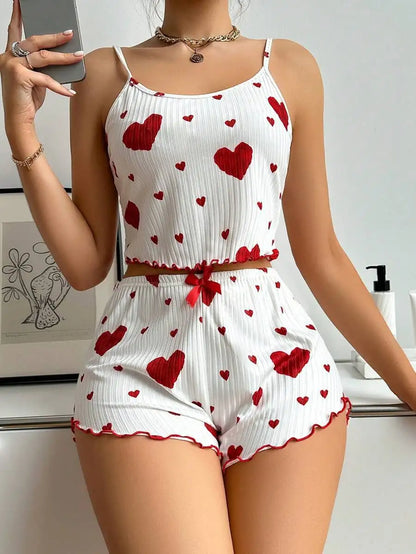 Damen Nachtwäsche Set – Luftiges Cami Top und Hose mit süßem Herzmuster