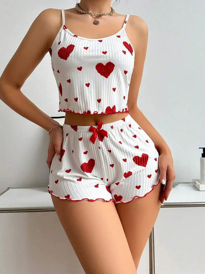 Damen Nachtwäsche Set – Luftiges Cami Top und Hose mit süßem Herzmuster