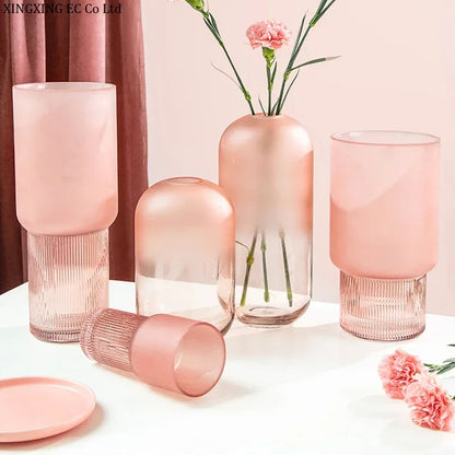 Rosa Matt Textur Glas Vase Moderne Minimalistischen Kreative Zylindrischen Hydrokultur Blume Anordnung Zubehör Hause Dekoration