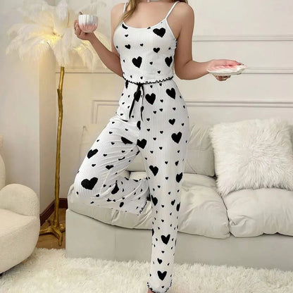 Damen Nachtwäsche Set – Luftiges Cami Top und Hose mit süßem Herzmuster