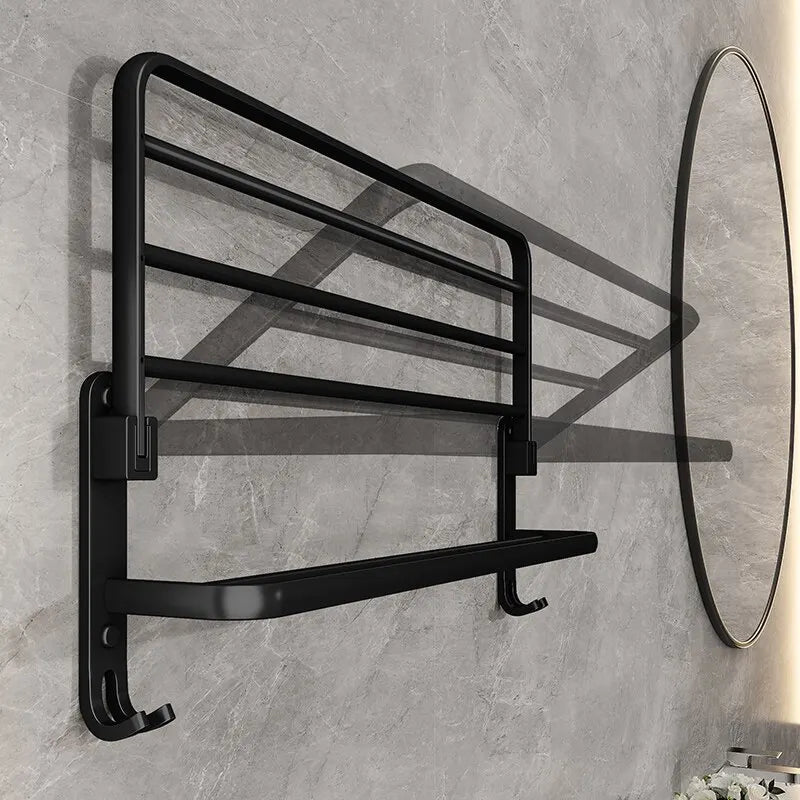 Faltbarer Handtuchhalter – Wandmontage | Mattschwarz | 50 cm | Doppelstange + Haken