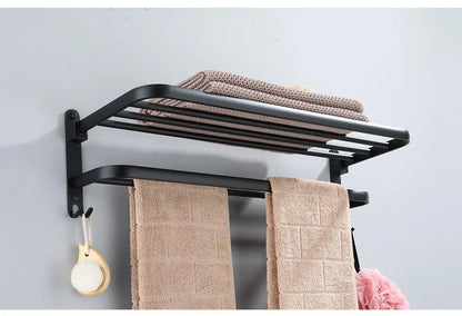 Faltbarer Handtuchhalter – Wandmontage | Mattschwarz | 50 cm | Doppelstange + Haken