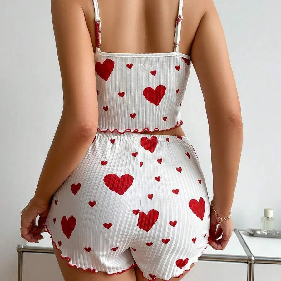 Damen Nachtwäsche Set – Luftiges Cami Top und Hose mit süßem Herzmuster