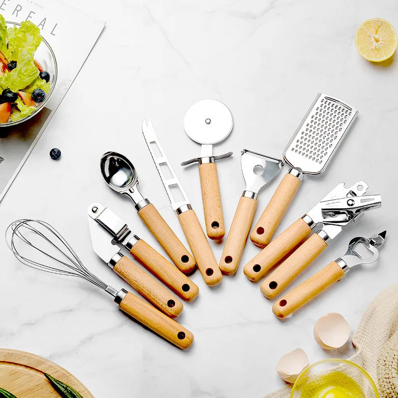 Küchenhelfer-Set – 9-teiliges Set mit Holzgriff für stilvolles Kochen & Backen