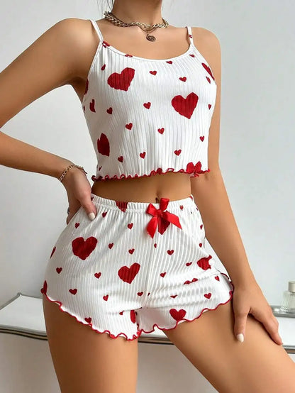 Damen Nachtwäsche Set – Luftiges Cami Top und Hose mit süßem Herzmuster