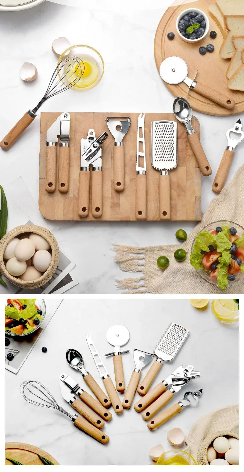 Küchenhelfer-Set – 9-teiliges Set mit Holzgriff für stilvolles Kochen & Backen