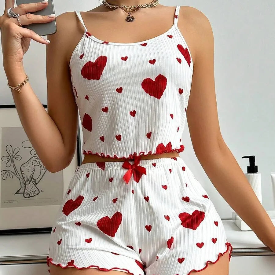 Damen Nachtwäsche Set – Luftiges Cami Top und Hose mit süßem Herzmuster
