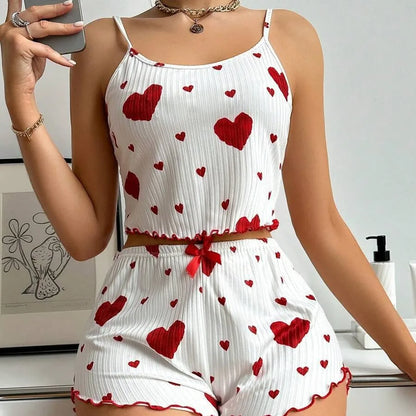 Damen Nachtwäsche Set – Luftiges Cami Top und Hose mit süßem Herzmuster