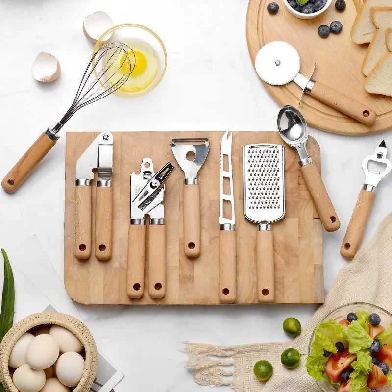 Küchenhelfer-Set – 9-teiliges Set mit Holzgriff für stilvolles Kochen & Backen