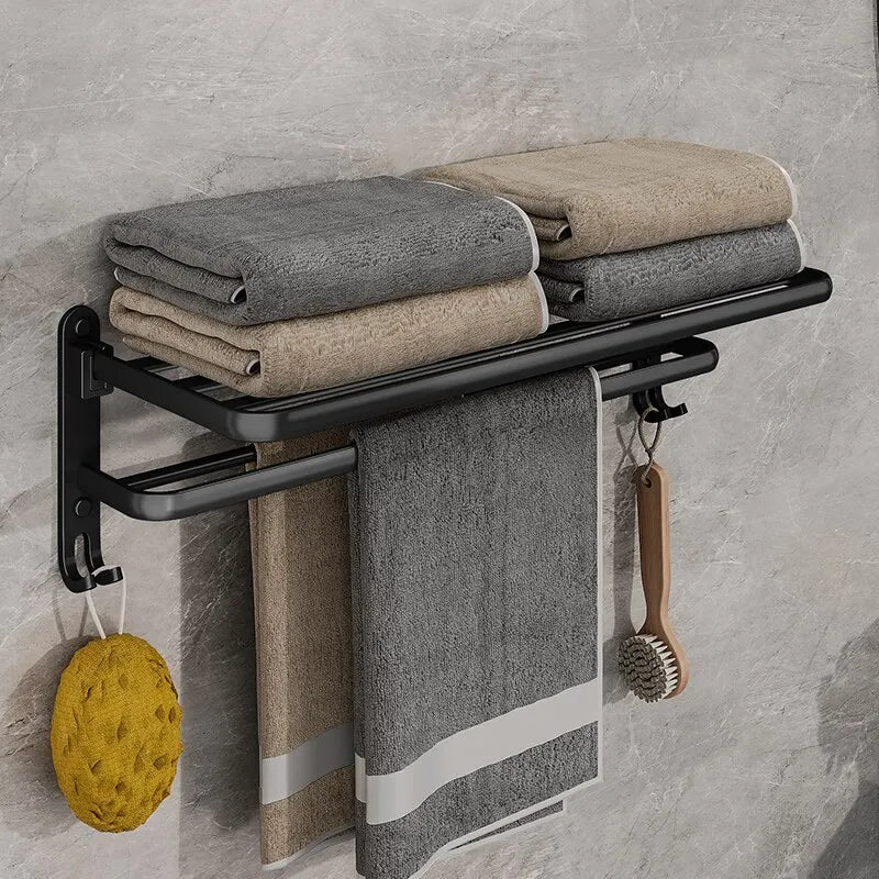 Faltbarer Handtuchhalter – Wandmontage | Mattschwarz | 50 cm | Doppelstange + Haken